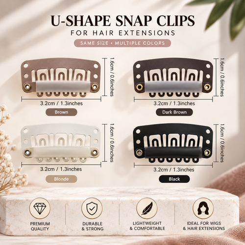U-Shape Snap Clips for Hair Extensions – 20-Piece Metallic Wig Clips with Silicone Rubber
