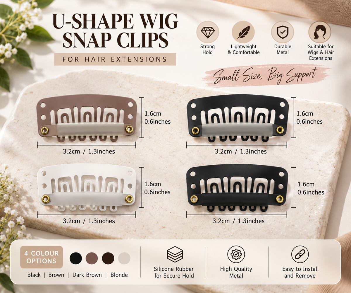 U-Shape Snap Clips for Hair Extensions – 20-Piece Metallic Wig Clips with Silicone Rubber