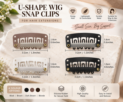 U-Shape Snap Clips for Hair Extensions – 20-Piece Metallic Wig Clips with Silicone Rubber
