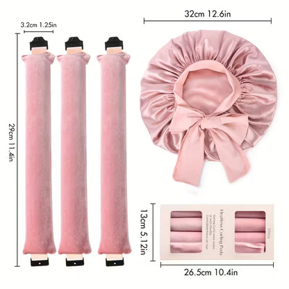 4pcs Heatless Curling Set – No Heat Overnight Curling Rod & Satin Bonnet for Frizz-Free Curls