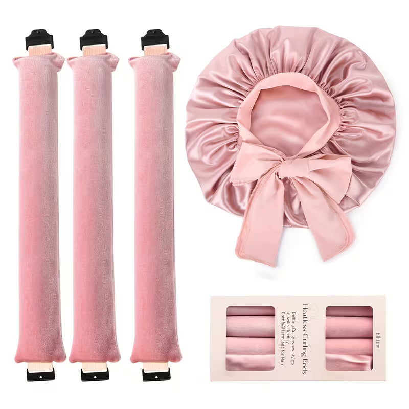 4pcs Heatless Curling Set – No Heat Overnight Curling Rod & Satin Bonnet for Frizz-Free Curls