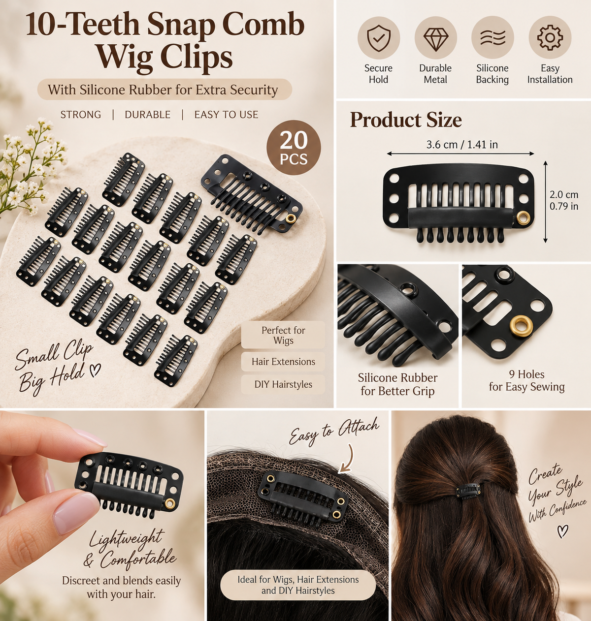10-Teeth Snap Comb Wig Clips with Silicone Rubber – 20 Pieces
