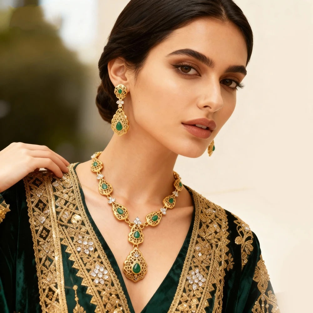 Moroccan Wedding Jewelry Set - Gold Plated Teardrop Necklace & Earrings