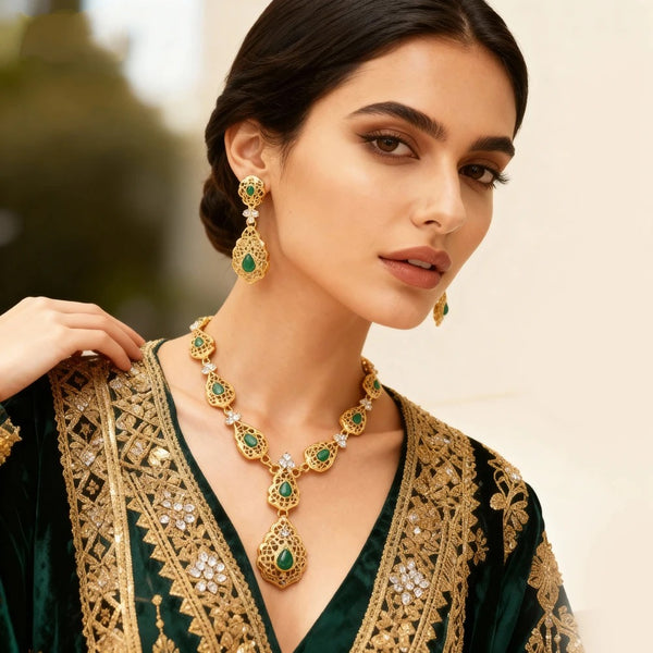 Moroccan Wedding Jewelry Set - Gold Plated Teardrop Necklace & Earrings