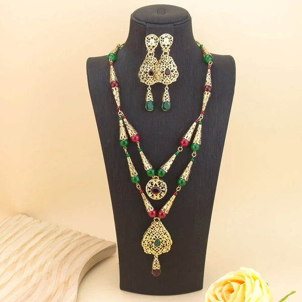Moroccan Beaded Double Layer Necklace & Earrings Set