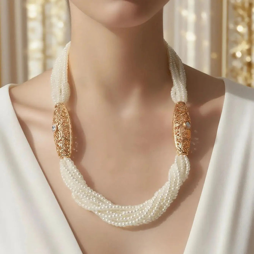 Handmade Arabic Pearl Necklace - Middle Eastern Bridal Wedding Jewelry