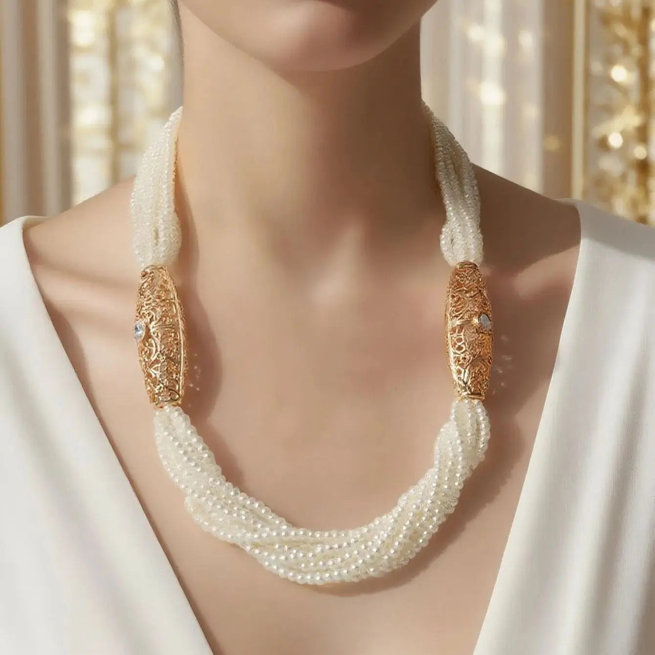 Handmade Arabic Pearl Necklace - Middle Eastern Bridal Wedding Jewelry