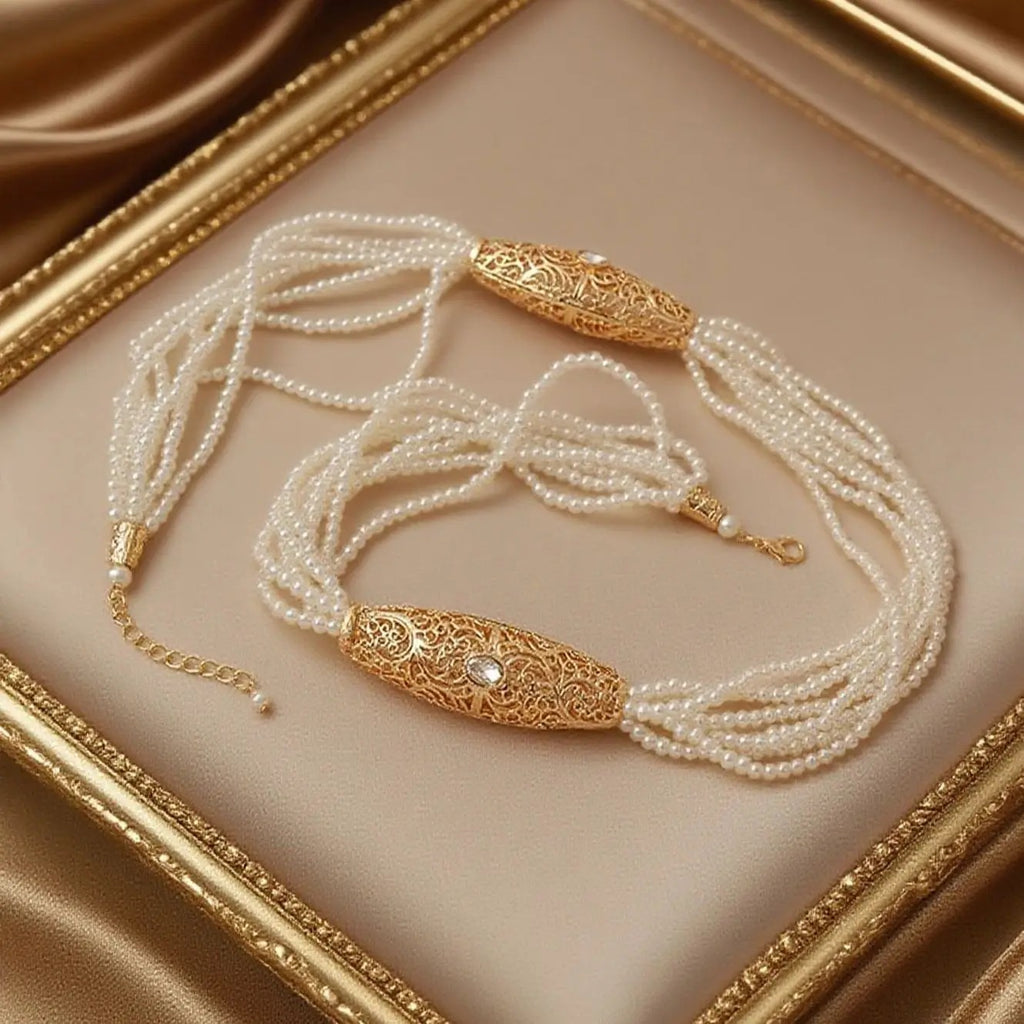 Handmade Arabic Pearl Necklace - Middle Eastern Bridal Wedding Jewelry