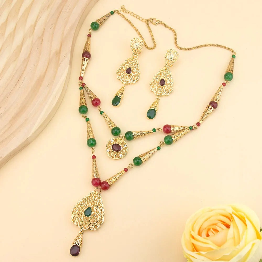 Moroccan Beaded Double Layer Necklace & Earrings Set
