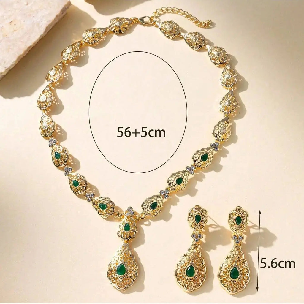 Moroccan Wedding Jewelry Set - Gold Plated Teardrop Necklace & Earrings