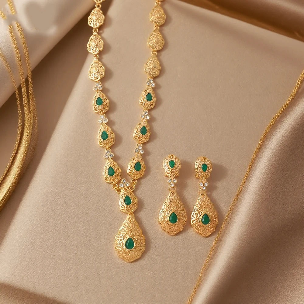 Moroccan Wedding Jewelry Set - Gold Plated Teardrop Necklace & Earrings